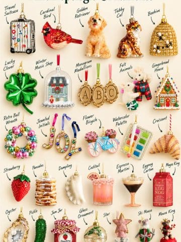 Anthropologie Christmas ornaments featuring glass, felt, food, animal, monogram, and whimsical ornament designs.
