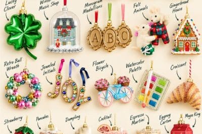 Anthropologie Christmas ornaments featuring glass, felt, food, animal, monogram, and whimsical ornament designs.