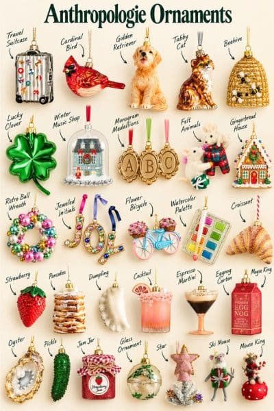 Anthropologie Christmas ornaments featuring glass, felt, food, animal, monogram, and whimsical ornament designs.
