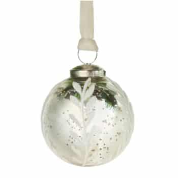 Clear glass Christmas ball ornament with a frosted white botanical design.