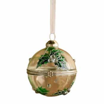 Clear glass Christmas ball ornament decorated with green holly leaves and silver berries.