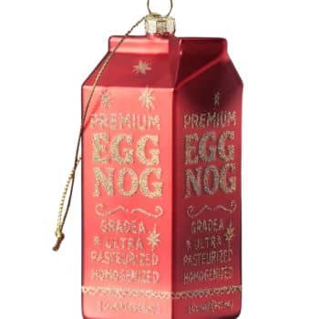 Red eggnog carton Christmas ornament with gold glitter lettering.