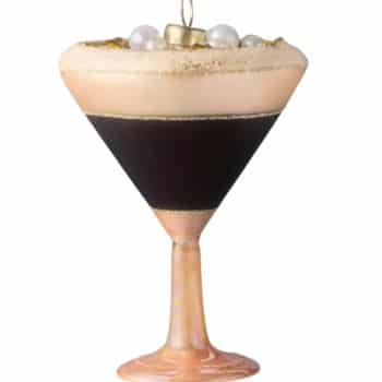 Espresso martini glass Christmas ornament in black and blush pink with pearl details.
