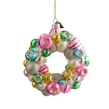 Colorful glass bauble wreath Christmas ornament in pink, green, gold, and silver.