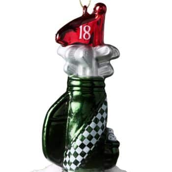 Green golf bag glass Christmas ornament with golf clubs and red flag.