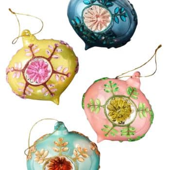 Blue, yellow, pink, and aqua glass ornaments decorated with colorful jeweled floral designs