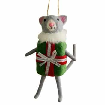 Felt mouse Christmas ornament dressed as a green and red wrapped present.