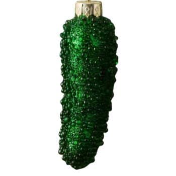 Green pickle glass Christmas ornament covered with textured glass beads.