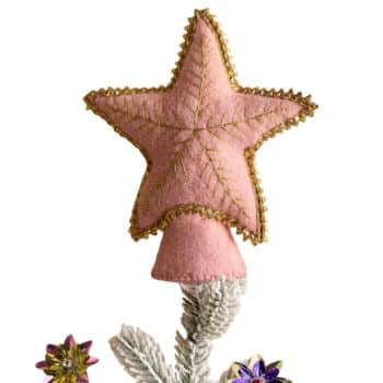 Pink felt star Christmas tree topper with gold embroidered details.