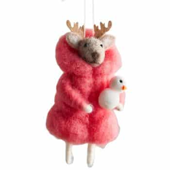 Pink felt moose Christmas ornament holding a small white bird.