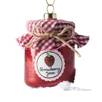 Red strawberry jam jar Christmas ornament with gingham fabric and twine bow.