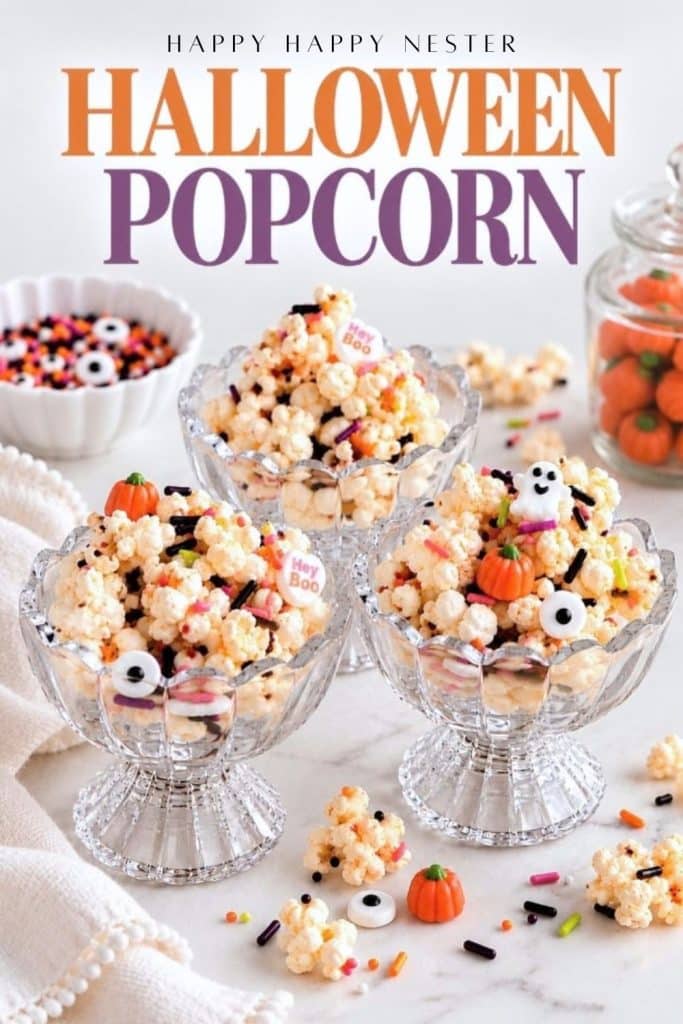 Halloween popcorn with colorful sprinkles and candies served in glass dessert bowls.