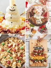 Holiday appetizers including a snowman cheeseball, Christmas dessert board, holiday snack mix, and Christmas tree charcuterie board.