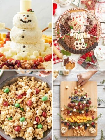 Holiday appetizers including a snowman cheeseball, Christmas dessert board, holiday snack mix, and Christmas tree charcuterie board.