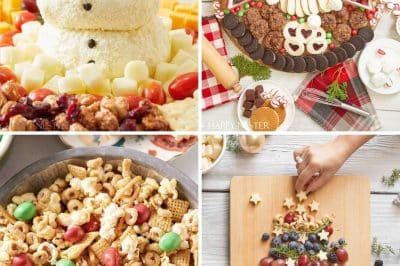 Holiday appetizers including a snowman cheeseball, Christmas dessert board, holiday snack mix, and Christmas tree charcuterie board.