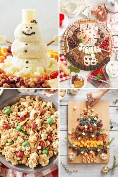 Holiday appetizers including a snowman cheeseball, Christmas dessert board, holiday snack mix, and Christmas tree charcuterie board.