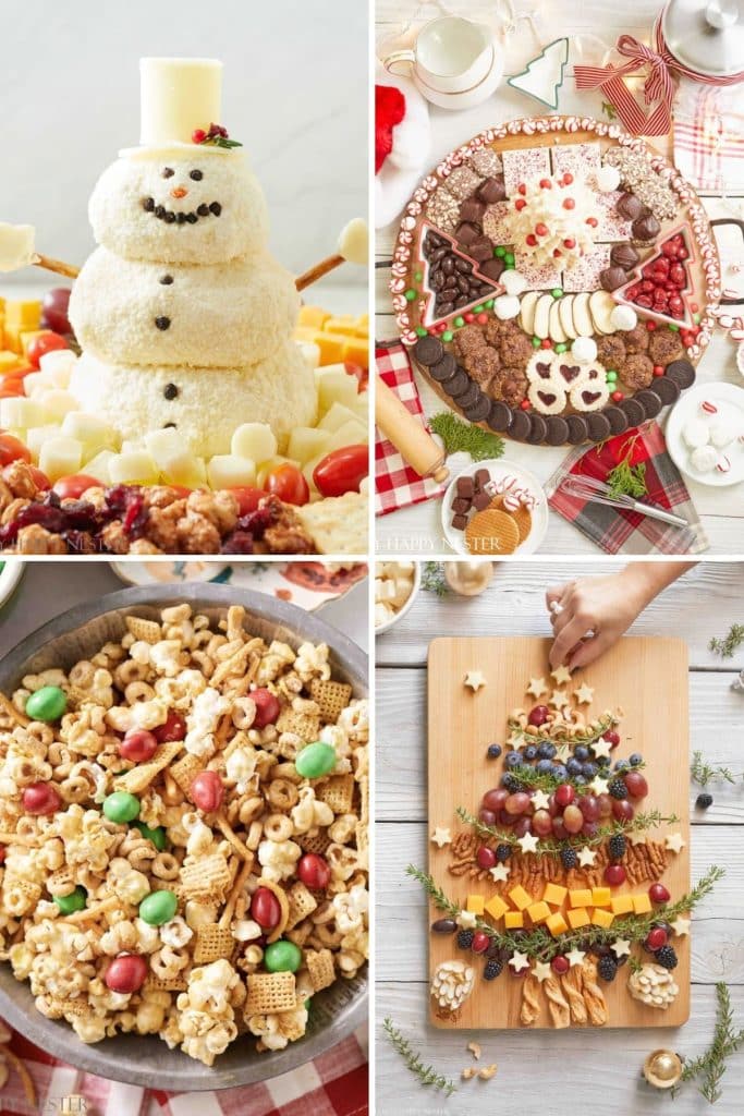 Holiday appetizers including a snowman cheeseball, Christmas dessert board, holiday snack mix, and Christmas tree charcuterie board.