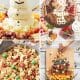 Holiday appetizers including a snowman cheeseball, Christmas dessert board, holiday snack mix, and Christmas tree charcuterie board.