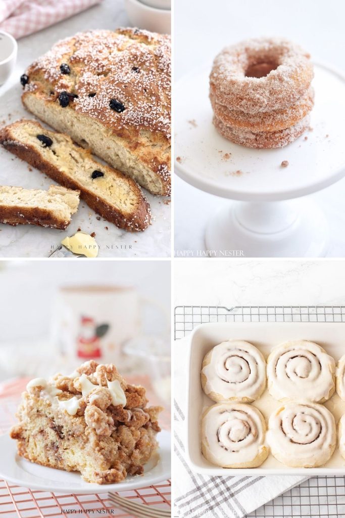A collage of holiday brunch ideas featuring Irish soda bread, sugar-coated donuts, a slice of coffee cake with icing, and a pan of frosted cinnamon rolls.