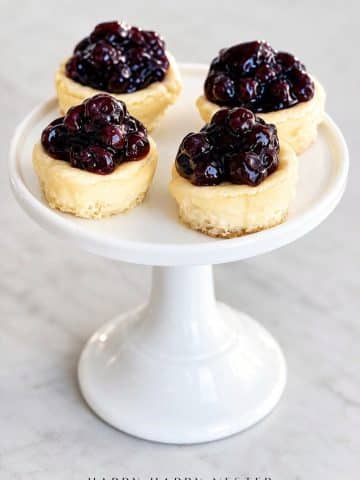 Mini blueberry cheesecakes topped with blueberry pie filling, with one cheesecake displayed in front.