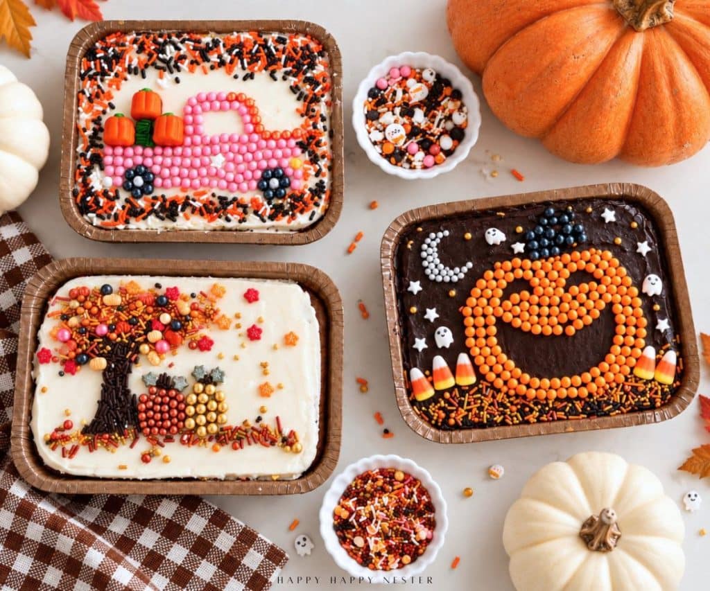 Three Trader Joe's mini sheet cakes decorated for fall with a colorful sprinkle tree, pink pumpkin truck, and Halloween jack-o'-lantern.