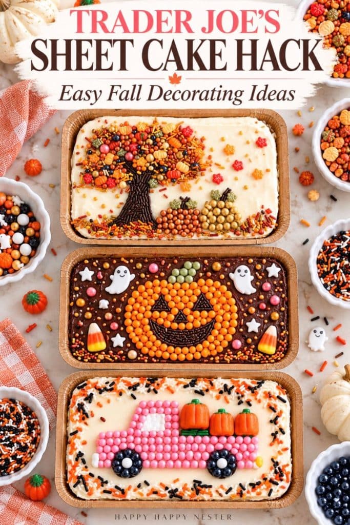 Pinterest collage featuring three decorated Trader Joe's mini sheet cakes with an autumn sprinkle tree, a pink pumpkin pickup truck, and a Halloween jack-o'-lantern made from colorful candies.