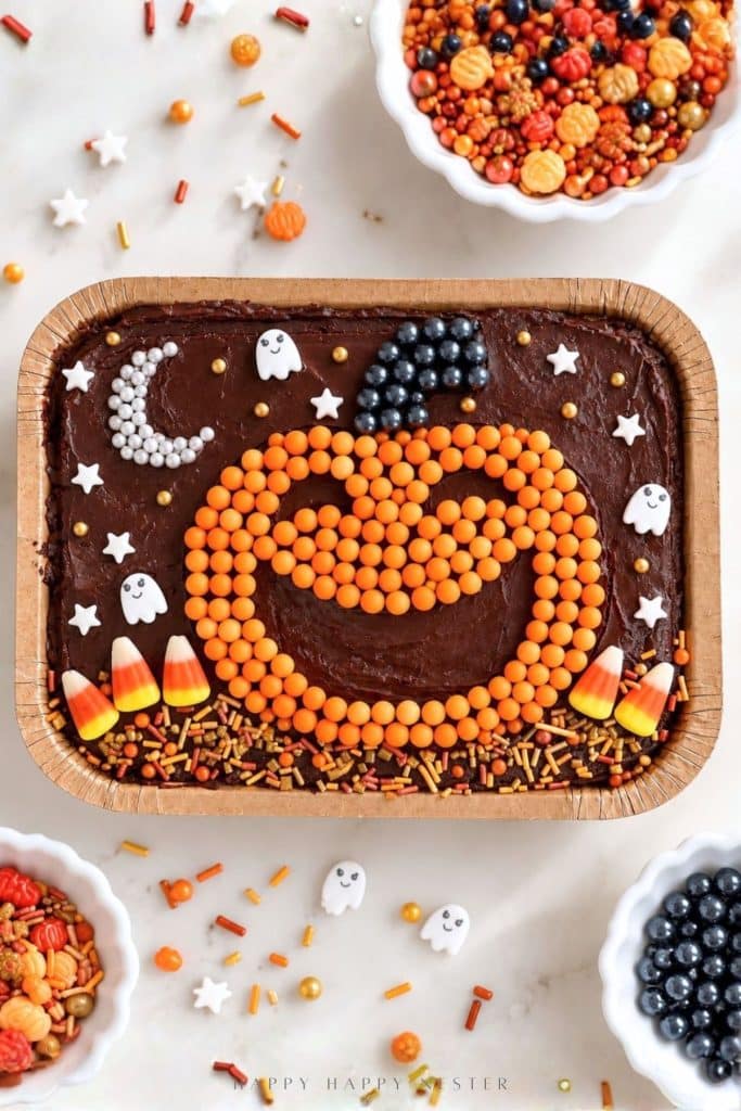 Chocolate Trader Joe's sheet cake decorated with an orange candy jack-o'-lantern, white ghosts, stars, and Halloween sprinkles.