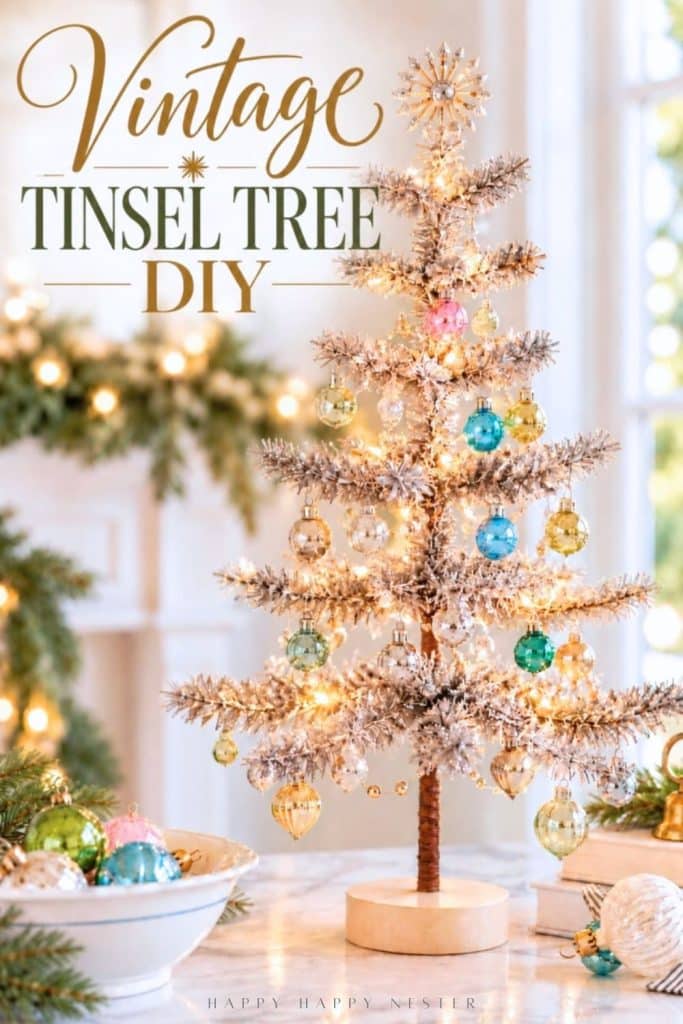 Vintage tinsel tree DIY decorated with colorful ornaments and Christmas lights