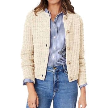 Cream-colored women's textured knit cardigan with front buttons, round neckline, and long sleeves from Walmart.