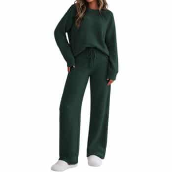 Dark forest green textured lounge set featuring a long-sleeve crewneck pullover and matching wide-leg drawstring pants.