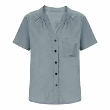 Dusty blue short-sleeve blouse with a split neckline, front buttons, and a single chest pocket.