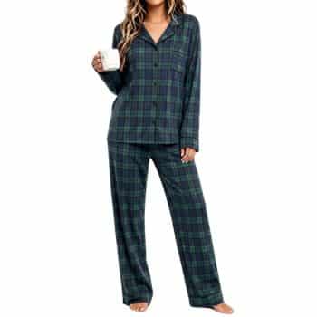 Green and navy blue plaid pajama set with a long-sleeve button-down top, chest pocket, and matching wide-leg pants.