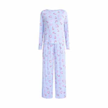 Light blue Christmas pajama set with pink and red candy cane prints, candy cane hearts, long sleeves, and matching wide-leg pants.