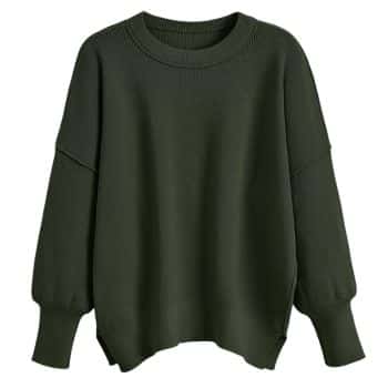 Olive green oversized women's pullover sweater with a crewneck, dropped shoulders, and long sleeves.