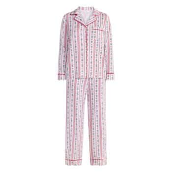 Pink and white Christmas pajama set with vertical stripes, tiny red hearts, green floral designs, red piping, and matching long pants.