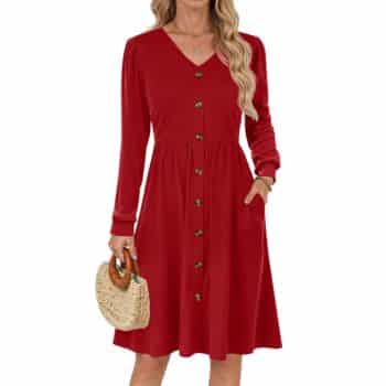 Bright red long-sleeve dress with a V-neckline, decorative front buttons, gathered waist, and knee-length skirt.