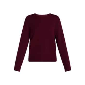 Burgundy women's crewneck knit sweater with long sleeves and ribbed cuffs from Walmart.