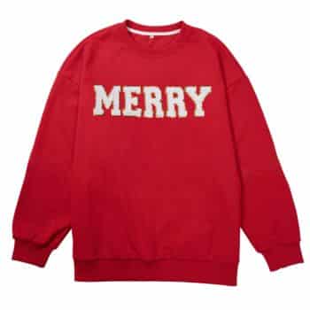 Red crewneck Christmas sweatshirt with white MERRY lettering outlined in gold sequins, long sleeves, and ribbed cuffs.