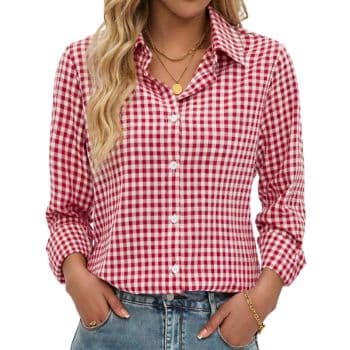 Red and white gingham button-down shirt with a pointed collar and long sleeves, styled with blue jeans and gold jewelry.