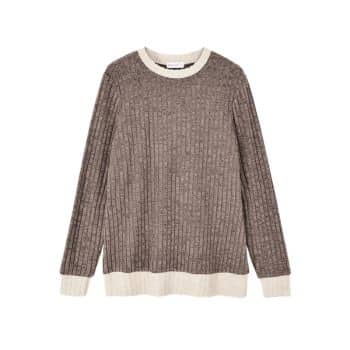Brown ribbed crewneck sweater with cream-colored neckline, cuffs, and hem from Walmart.